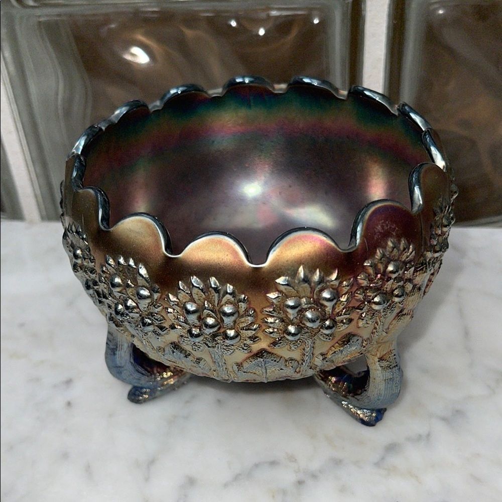 Vintage carnival high foot Iridescent Scalloped Edge Bowl